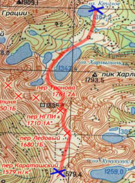 Перевал Караташский - перевал Ледовый - озерл Харлыгхоль - озеро Круглое. Карта