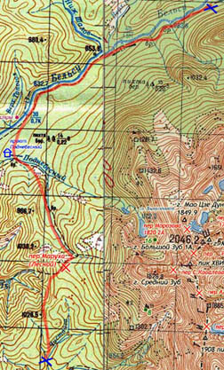Бельсу -  Поднебесный - перевал Лесной (Маруха) - Чистайга. Карта
